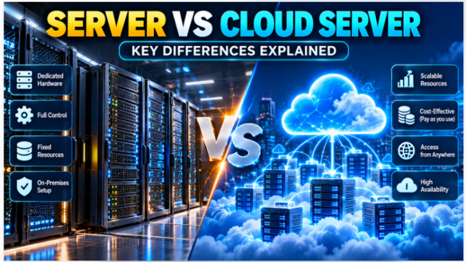 Traditional server vs cloud server comparison showing physical server hardware and cloud computing infrastructure.