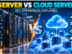 Traditional server vs cloud server comparison showing physical server hardware and cloud computing infrastructure.