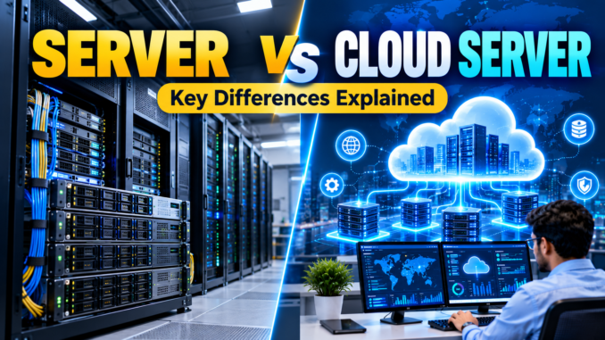 Physical server rack compared with a cloud server infrastructure