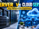 Physical server rack compared with a cloud server infrastructure