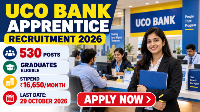 UCO Bank Apprentice Recruitment 2026 banner featuring banking professionals and 530 apprenticeship posts.